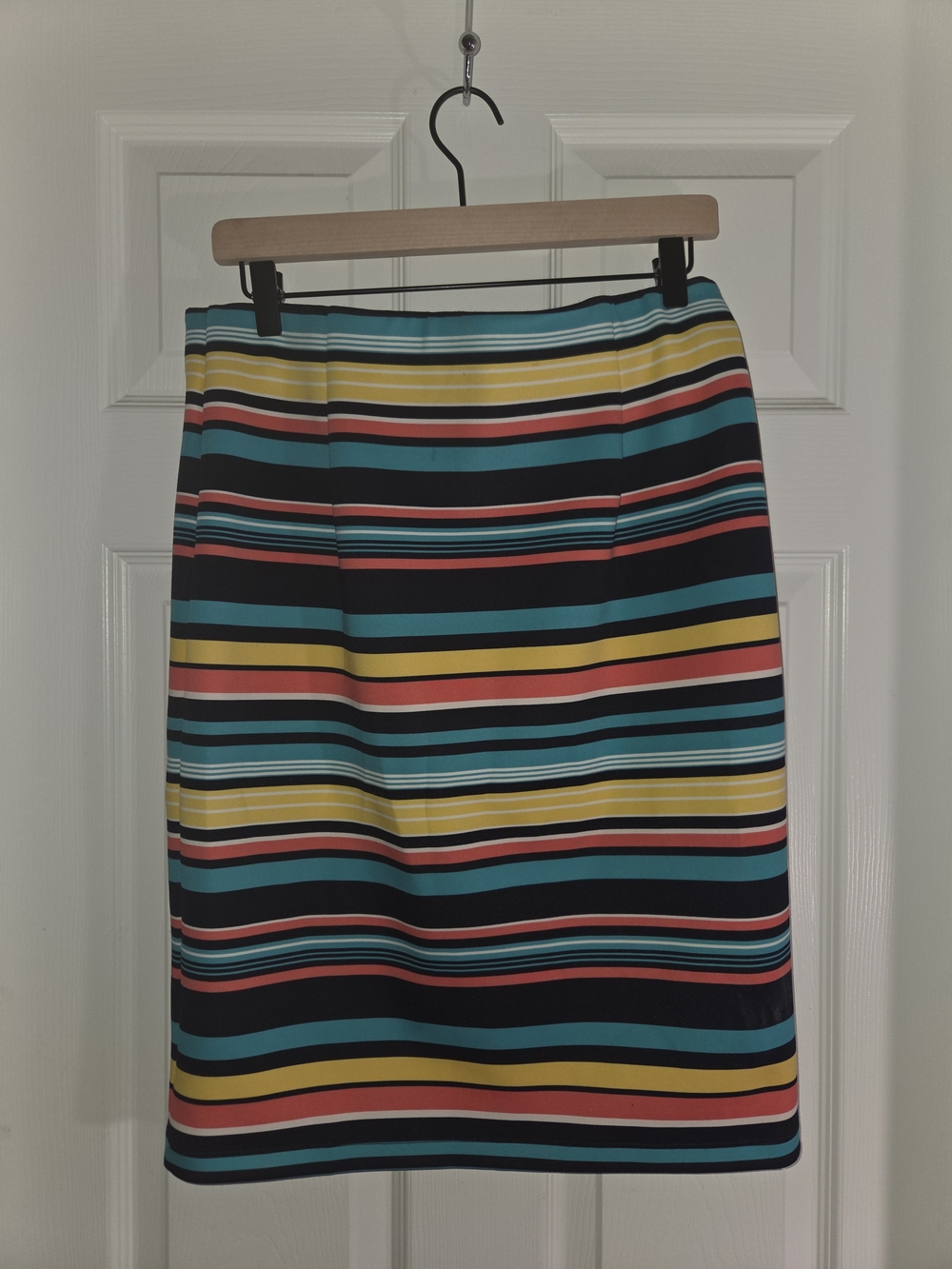 Striped A-Line Mini Skirt in Black, Teal, Yellow and Coral - Picture 2 of 3